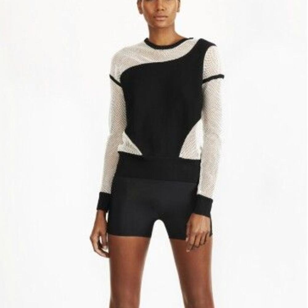 Ohne Titel NWT Black Knit White Fish Net Mesh Long Sleeve Sheer Designer Top